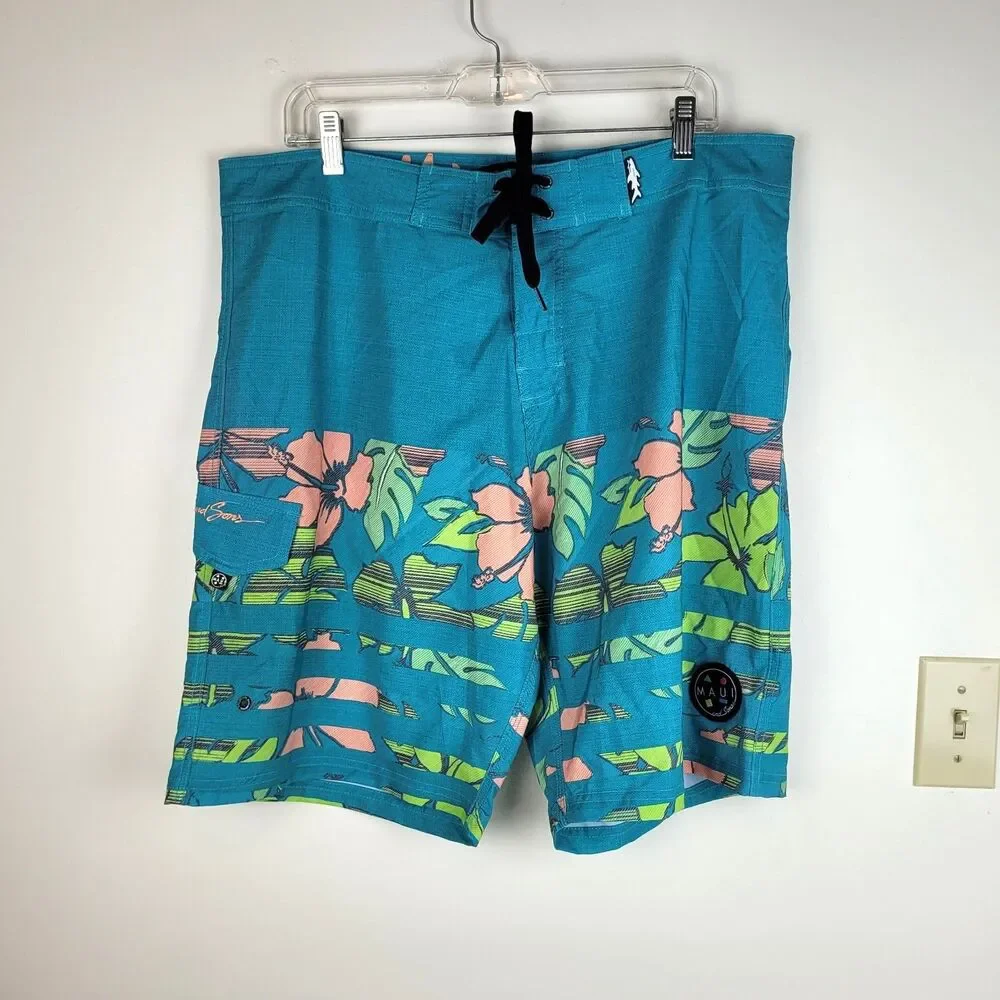 Maui and Sons aqua men's swim trunks pink green Hawaiian tropical print 36